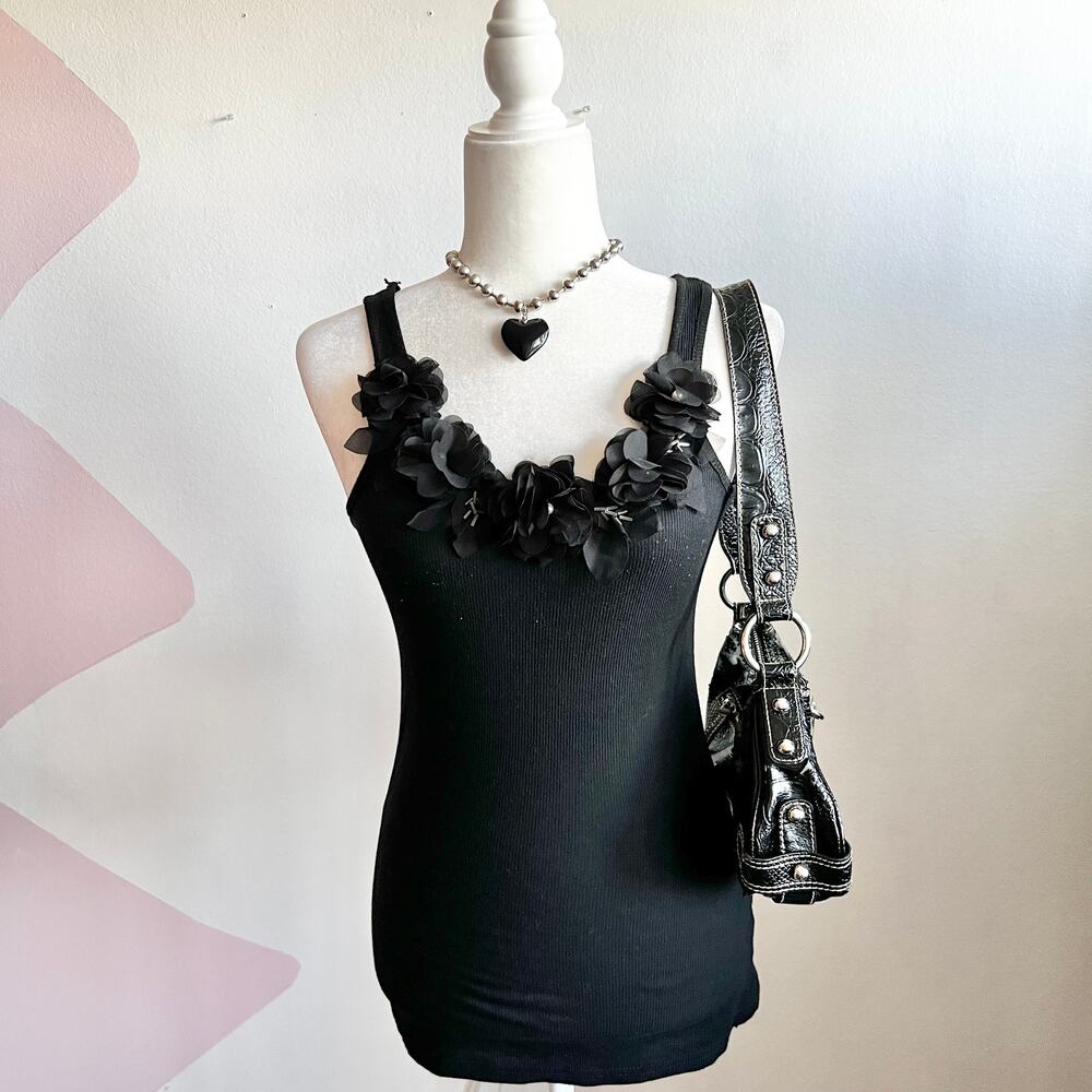 Black 3D Flower Tank‎ Top Size Small Y2K Retro Indie Sleaze 2000s Grunge